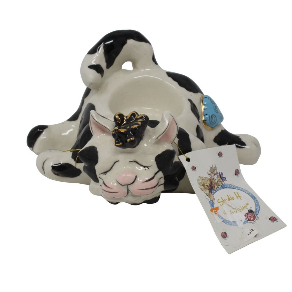 Heather Goldminc Stanley Black White Tabby Cat Tealight Candle Holder